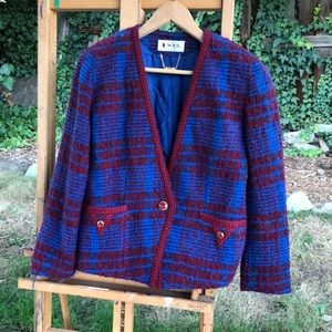 Vintage tweed boucle collarless blue and maroon blazer italian fabric